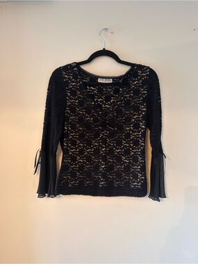 Y2K Black Lace V-Neck Women's Top with Sheer Bell Sleeves